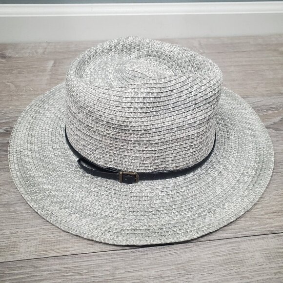 August Hat Co Wide Brim Woven Sun Hat Paper Straw Light Gray Black Accent Strap - Picture 10 of 11
